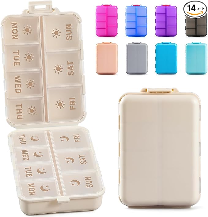 NEW Foldable & Double Protection Portable Weekly Pill Organizer 2 Times A Day with Etched Labels, AM PM 7 Day Week Medicine Box, Daily Travel Pill Case Holder Dispenser for Vitamin, Supplement - Khaki