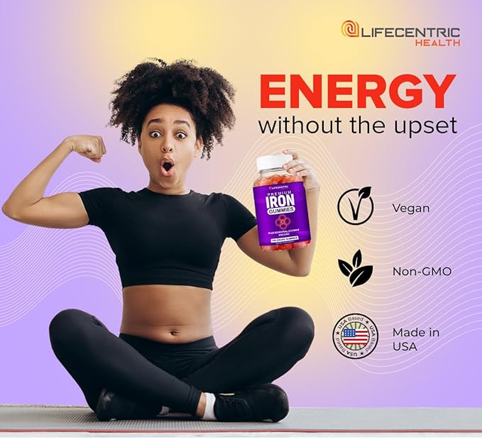 LifeCentricHealth Iron Gummies | Biotin Zinc Vitamin B Folic Acid Gummies | Vegan Gluten Free for Women & Men