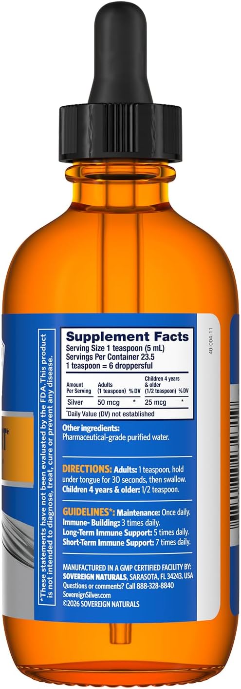 Sovereign Silver Immune Support - Colloidal Silver, Bio-Active Silver Hydrosol, 10 ppm, Liquid Dropper, 4 Fl Oz, (118 mL)