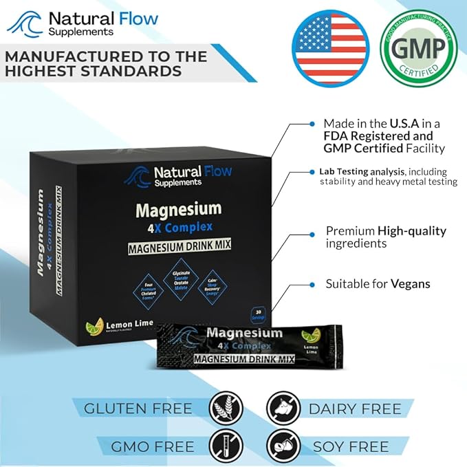 Magnesium Powder Drink Mix - Lemon/Lime - Natural Flow 4X Magnesium Glycinate, Taurate, Malate, Orotate Supplement, Calm Sleep and Cramp Support Blend, No Mag Citrate or Oxide, 30 Packs (Drink Mix)