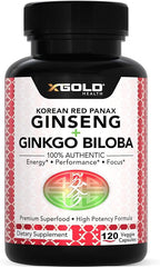 X Gold Health Korean Red Panax Ginseng + Ginkgo Biloba 7% Ginsenosides Extra Strength Energy, Memory, Focus & Brain Support Premium Supplement for Men & Women Non-GMO, 120 Vegan Capsules