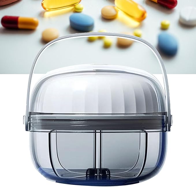 Portable Pill Dispensing Bottle with 4 Compartments Vitamin Organizer Holds Large Numbers of Supplements, Features Mix Proof and Wide Opening Design for Easy Medication Access (Gray 6.2x5.3cm)
