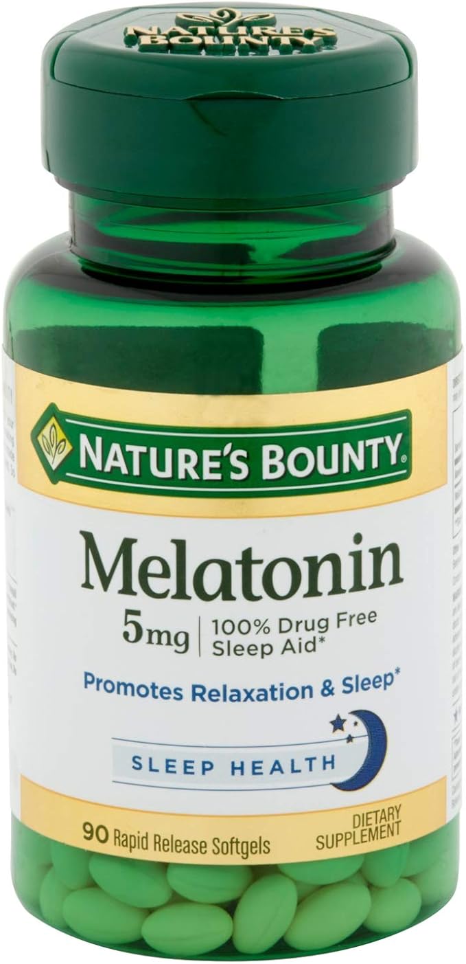 Melatonin by Nature's Bounty, 100% Drug Free Sleep Aid, Dietary Supplement, Promotes Relaxation and Sleep Health, 5mg, 90 Rapid Release Softgels