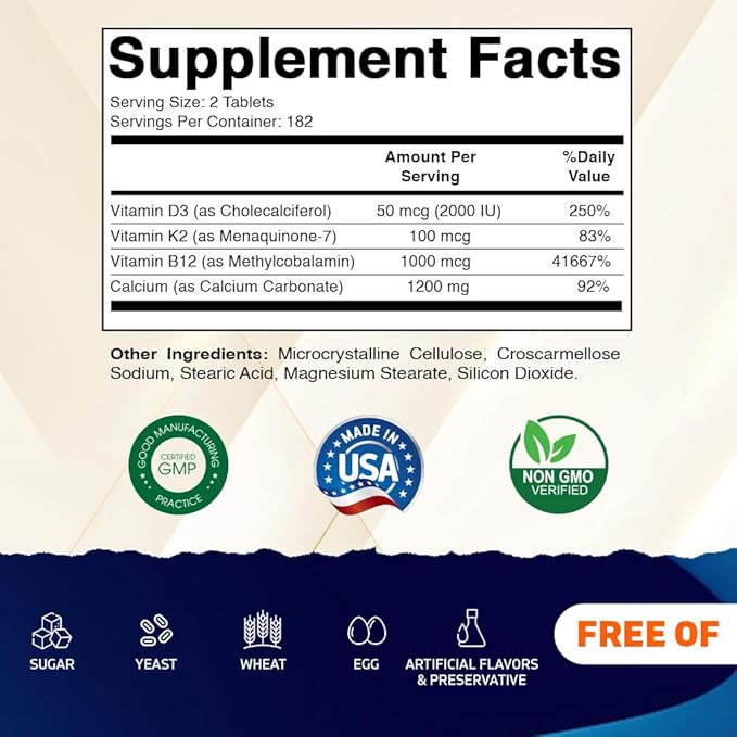 Vitamatic Calcium Supplement 1200mg with D3, K2 & B12, Immune & Bone Health Support - 365 Coated Tablets