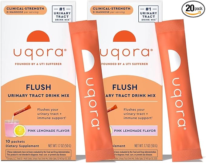 Uqora Flush - Urinary Tract* with D-Mannose, Vitamin C, Vitamin B6, Potassium, Magnesium & Calcium - Gluten-Free & Vegan - Pink Lemonade Flavor - 20 Packets (2 Pack)