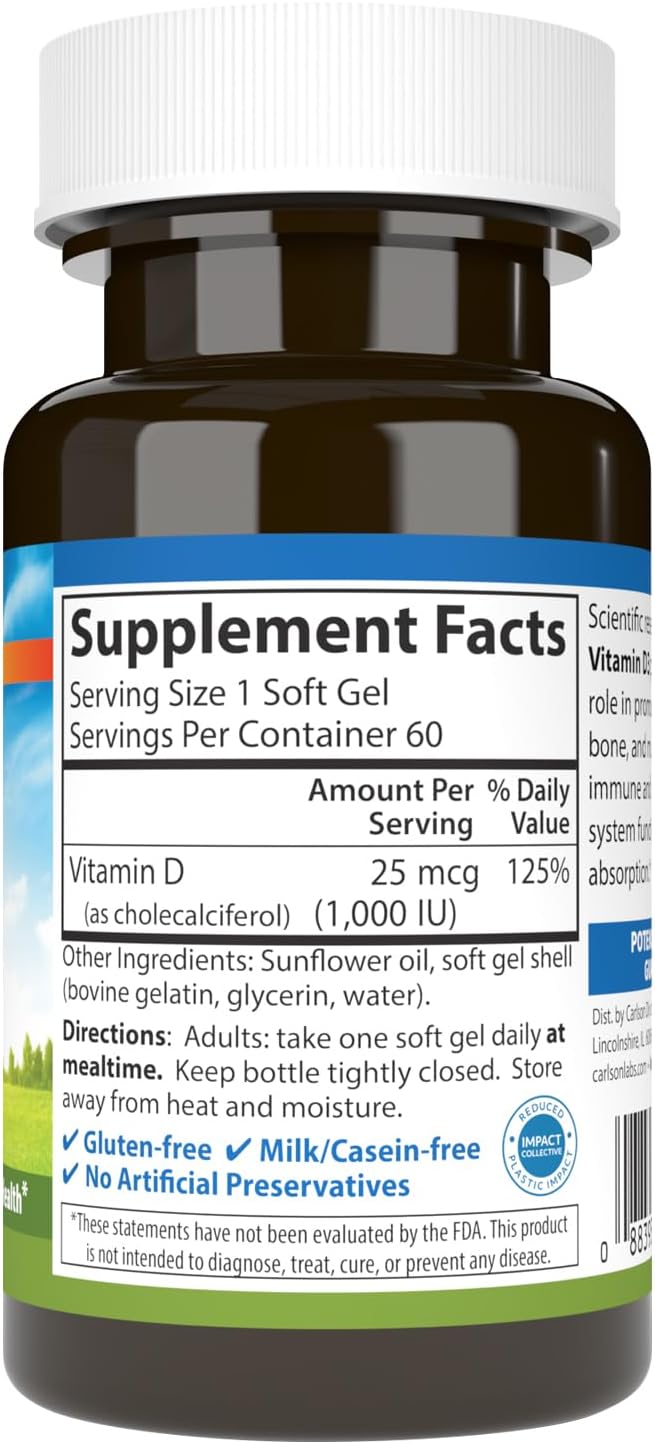 Carlson - Vitamin D3, 1000 IU (25 mcg), Bone Health, Muscle Health, Cholecalciferol, Vitamin D Supplements, Vitamin D3 Soft Gels, 60 Softgels