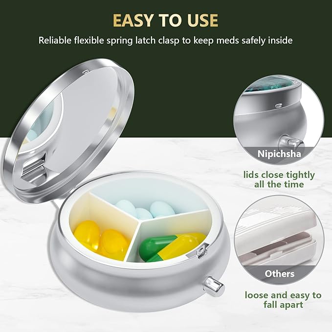 Nipichsha Pill Box, Small Pill Case for Purse & Pocket, Cute Travel Medicine Organizer, Portable Medicine Container Holder to Hold Vitamins, Medication, Fish Oil & Supplement, Ocean Marble