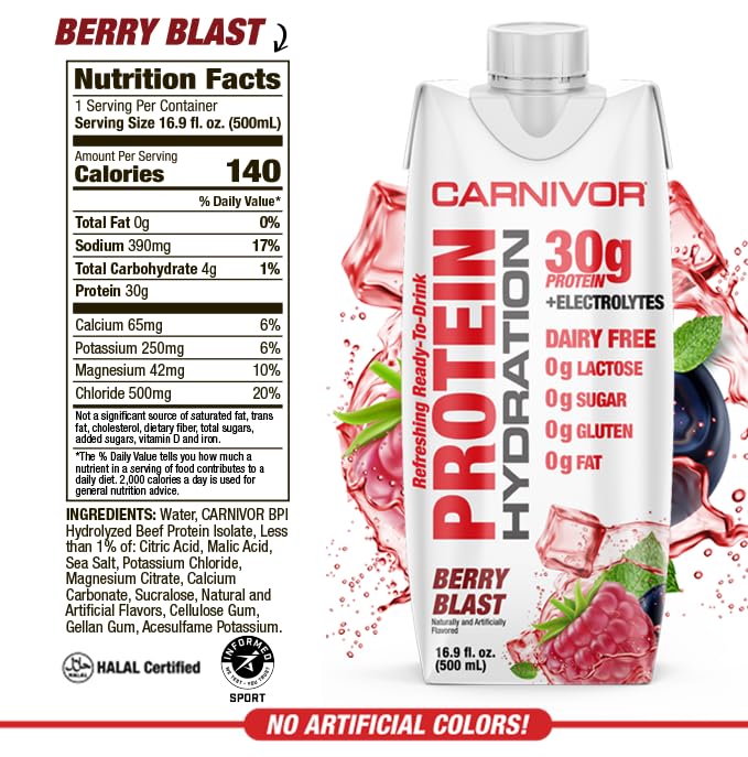 MuscleMeds Carnivor Protein Hydration RTD, Ready to Drink, Lactose Free, Sugar Free, 30g Isolate Protein, Halal Certified, Berry Blast, 16.9 Fl Oz (Pack of 12)
