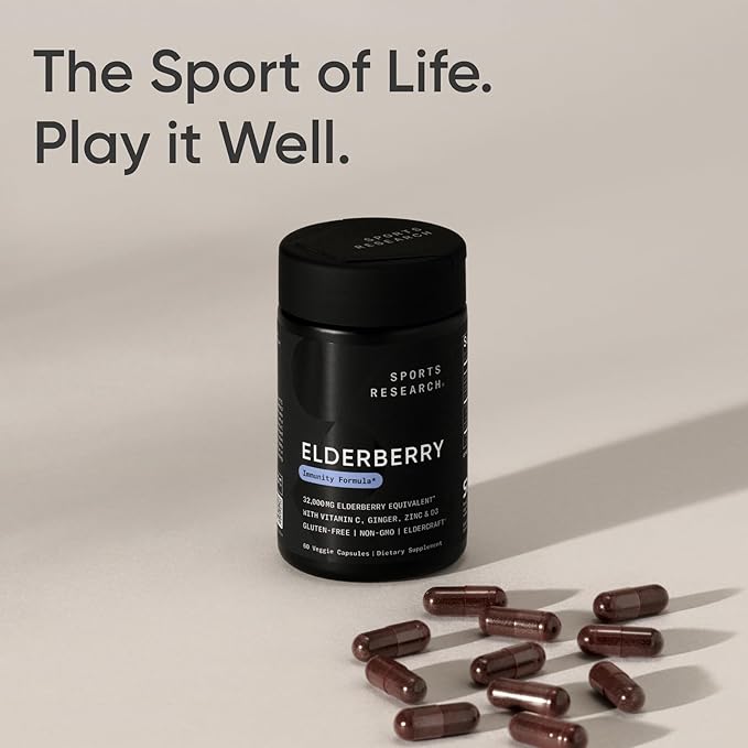 Sports Research® Elderberry Immune Support with Zinc, Ginger, Vitamin C & D3 - Vegan Friendly · Non-GMO · Gluten Free - 60 Veggie Capsules