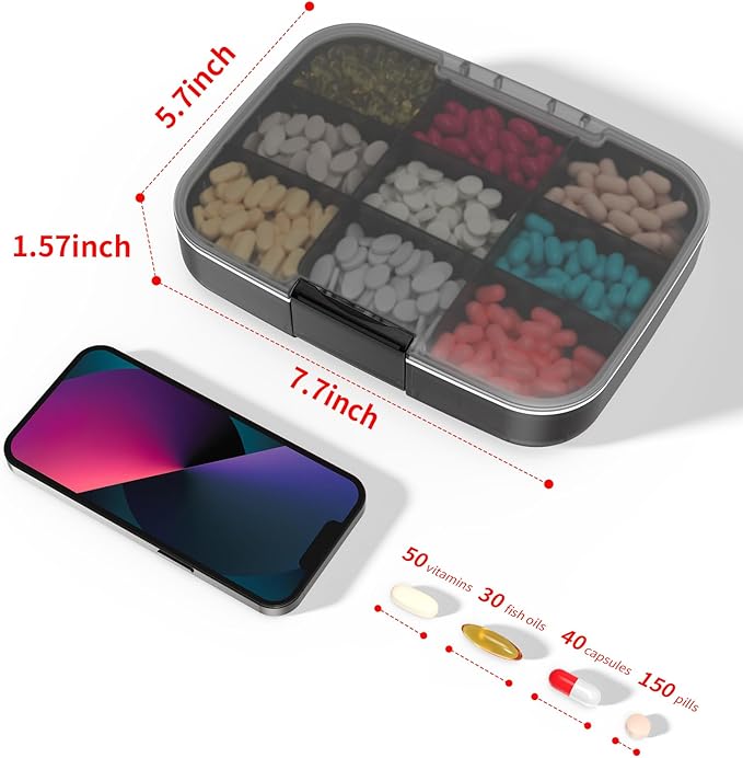 Restree Pill Organizer, Large & Waterproof Travel Pill Case, Adjustable Dividers for Daily Vitamins, Supplements, Fish Oil - Portable Medicine Box for Home & On-The-Go, 9 Compartment (Black)