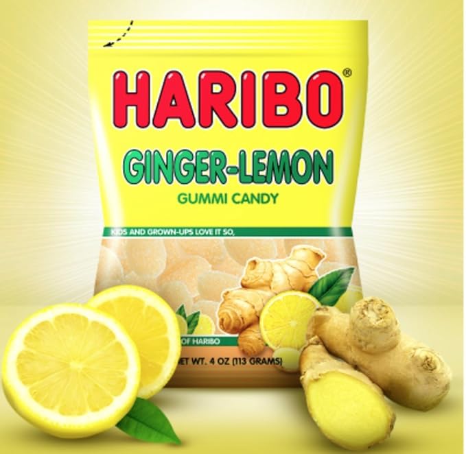 HARIBO Gummi Candy, Ginger-Lemon Gummy Candy, 4 Ounce Share Size Bags (Pack of 12) Delicious Soft & Chewy Sweet Snacks, Zesty Lemon & Warm Ginger Flavor