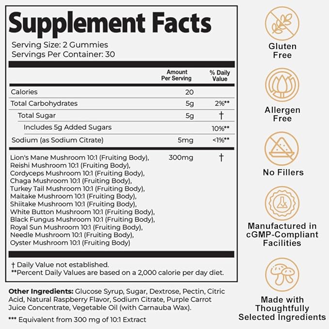 Auri Nutrition Super Mushroom Daily Gummies – All-in-One Functional Gummy with 12 Mushroom Blend Including Lion’s Mane, Reishi, Chaga & Cordyceps – 60 Gummies
