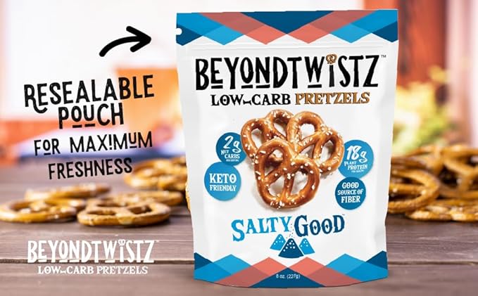 BeyondTwistz Low Carb Pretzels, Salty Good, Keto Friendly, 2g Net Carbs, 18g Protein, Powered By HealthSense® High Fiber Wheat Flour, Family Size 8oz Bag, Pack of 3