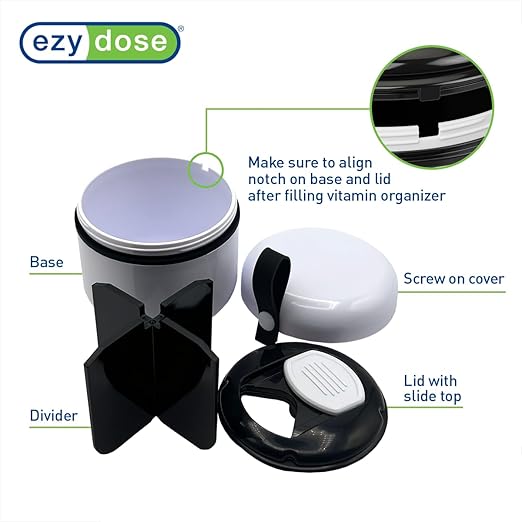 EZY DOSE Mini Vitamin Organizer, Multi Compartments, Portable and Compact Design, Easy Access Sliding Pill Dispenser, Supplement Organizer with Anti-Mix Design, Travel-Sized, White and Black, Medium