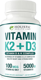 Max Absorption Vitamin K2 + D3 (5000IU) 90 Veggie Capsules From MK-7 (Menaquinone-7) and Cholecalciferol (With BioPerine) 3-Months Supply – D3 with K2 For Healthy Heart and Strong Bones | Non-GMO