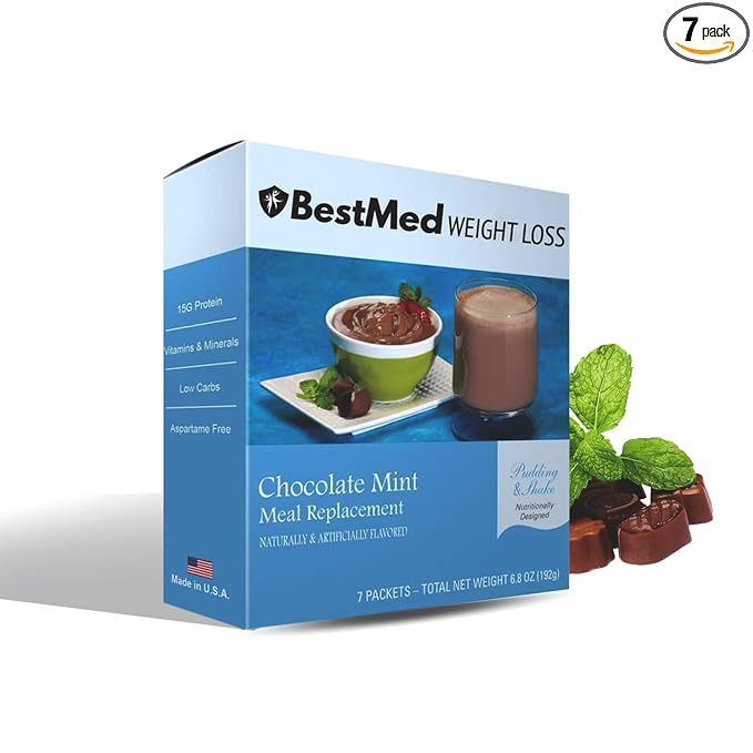 BestMed Weight Loss Chocolate Mint Pudding/Shake Mix - 7/Box | Gluten Free, KETO Friendly, Low Calorie, Low Carb, Vitamin Fortified, Meal Replacement