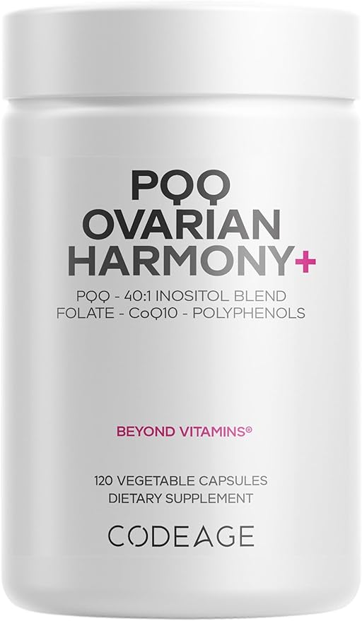 Codeage PQQ Ovarian Harmony+ Supplement - PQQ (Pyrroloquinoline Quinone), Myo-Inositol & D-Chiro-Inositol 40:1 Blend, Folate 5-MTHF, CoQ10, Wild Blueberry - Liposomal Delivery - Non-GMO - 120 Capsules