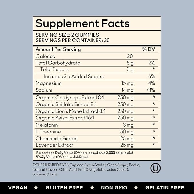 TrueMushroom - Sleep Support Mushroom Gummy Supplement with Melatonin for Sleep and Relaxation with Lion’s Mane, Cordyceps, Reishi, Shiitake. All-Natural, BlackBerry Flavor Gummies (60 Count)