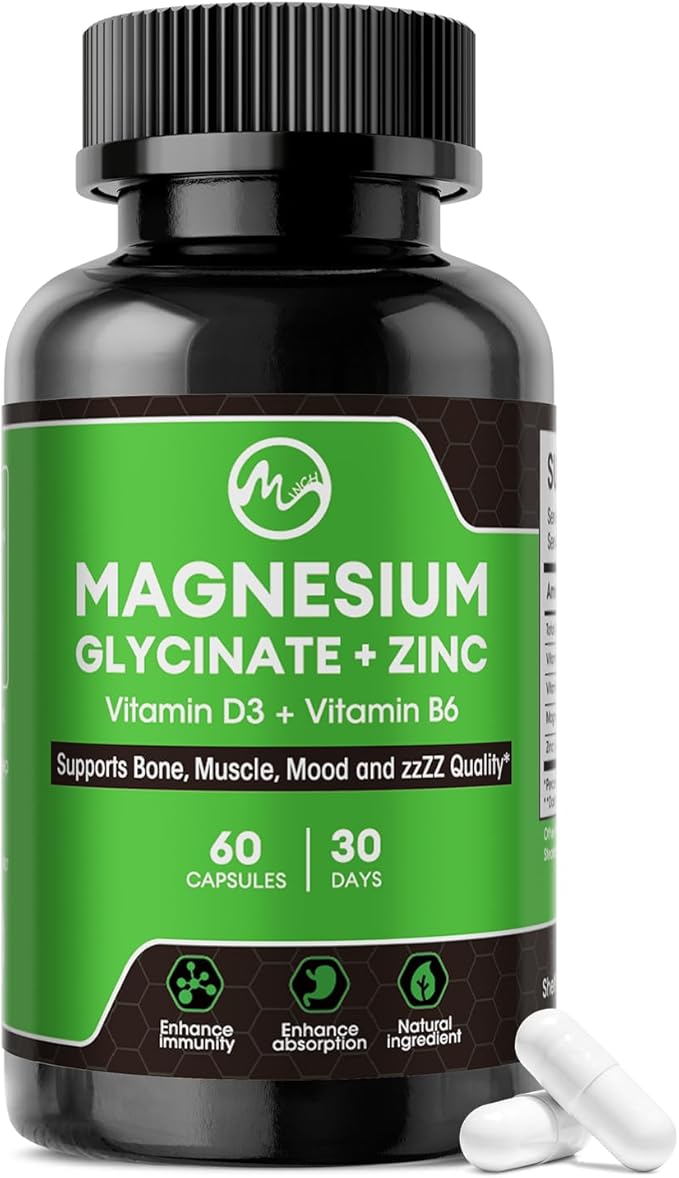Magnesium Glycinate Capsules, Magnesium Glycinate Supplement with Zinc, Vitamin D3 & B6 - Promotes Nerve, Bowel, Relaxation Function - 60 Vegan Capsules