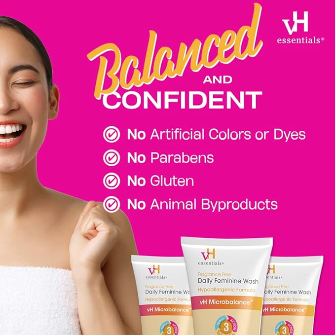 vH essentials Daily Feminine Wash - Fragrance Free, Hypoallergenic with Tea Tree Oil & Prebiotic - For Ph Balance, Intimate Odor Block, Vaginal Health - Gentle Formula Body Care - 6 Fl Oz (Pack of 2)