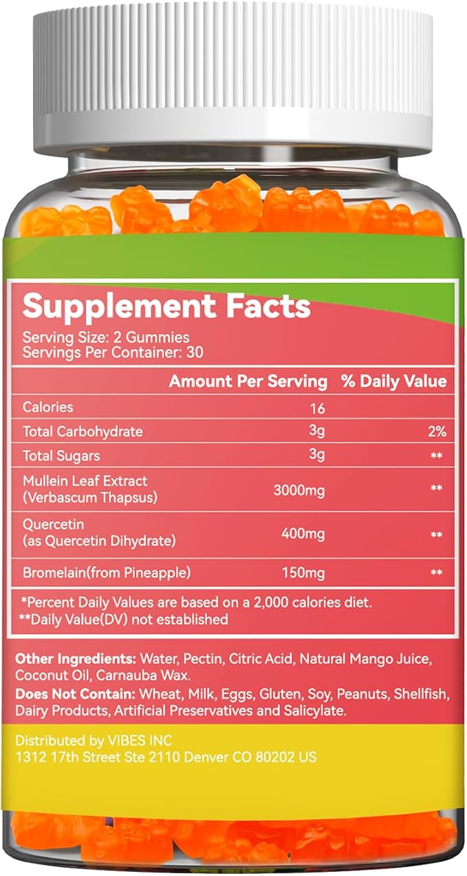 2PACK 3000MG Mullein Gummies, Extra Strength Mullein Leaf Extract with Quercetin, Bromelain for Lung Detox & Immune Support, Mango Flavor, 120 Count