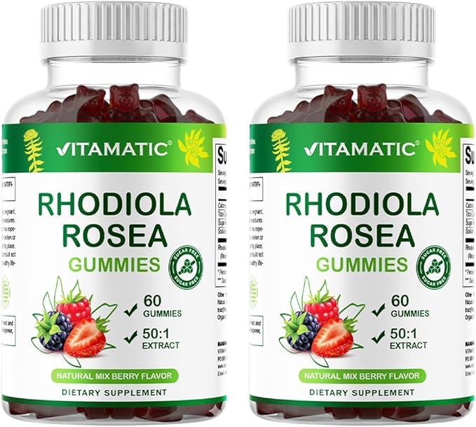 Vitamatic Rhodiola Rosea Gummies – Sugar-Free Plant-Based Extract – Mixed Berry Flavor – Vegan, Non-GMO – Adaptogen Supplement Gummies – 60 Count