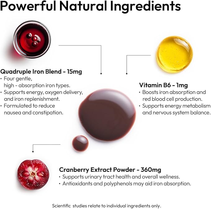 BIGVITA Iron+ | High Absorption Supplement with Microencapsulated Iron Drops + Folate, B6 & Cranberry Extract | No Metallic Taste, Mixed Berry Flavor, Gentle on Stomach | Energy & Hormonal Support
