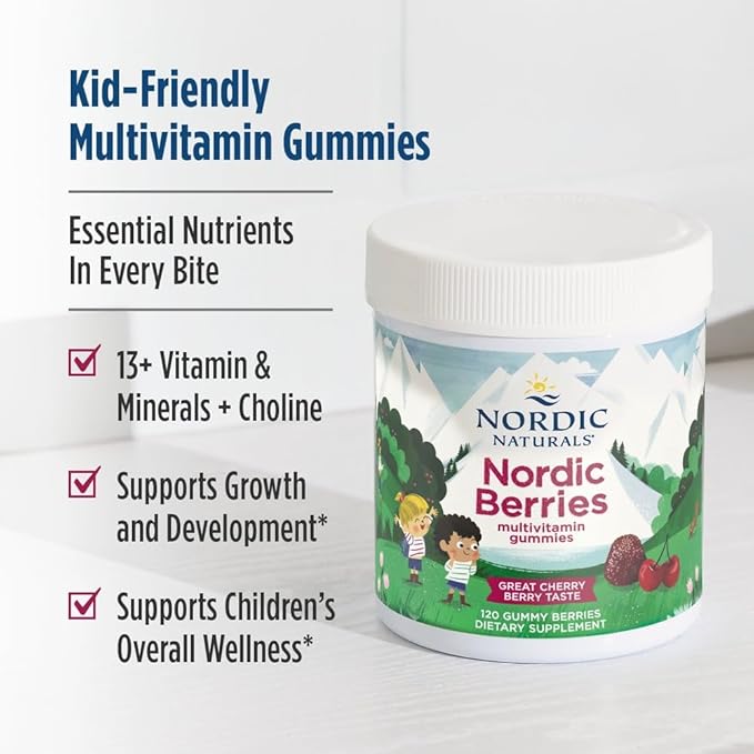 Nordic Naturals Nordic Berries, Cherry Berry - 120 Gummy Berries - Great-Tasting Multivitamin for Ages 2+ - Growth, Development, Optimal Wellness - Non-GMO, Vegetarian - 30 Servings