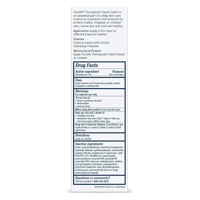 CeraVe Therapeutic Hand Cream for Dry Cracked Hands With Hyaluronic Acid and Niacinamide,Fragrance Free 3 Ounce,(Pack of 2)