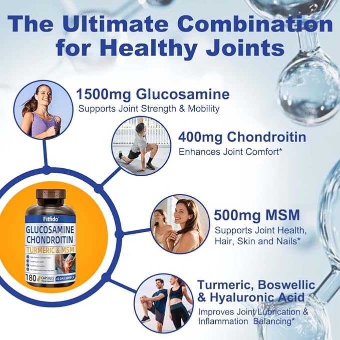 Glucosamine Chondroitin MSM and Turmeric Supplement - Used for Cartilage & Joint Health & Flexibility - for Women & Men - Non-GMO, Gluten Free, 180 Capsules