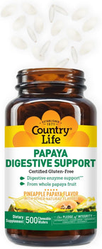 Country Life Chewable Papaya Enzymes for Digestion Support - Natural Pineapple & Papaya Flavor, Assists with Nutrient Absorption, Contains Papain & Protease - 200 and 500 Wafers Available