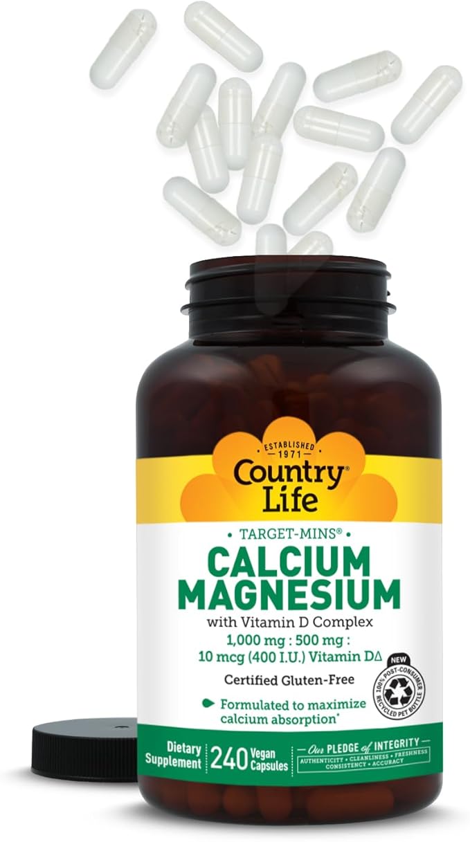 Country Life Target-Mins Calcium Magnesium with Vitamin D-Complex, 1000mg/500mg/10mcg, 240 Vegan Capsules, Certified Gluten Free, Certified Vegan