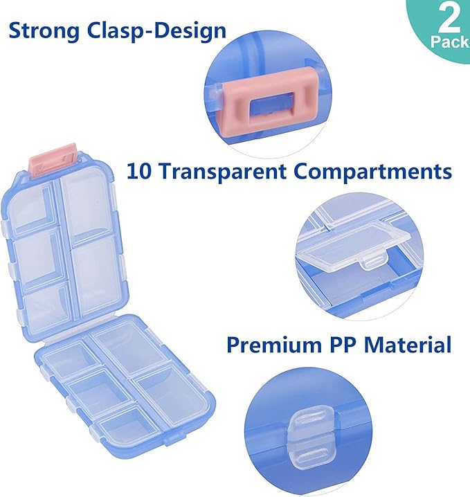 Pill Case (2 Pack) - Portable Small Supplements Tablet Container Box with 10 Compartments - Medicine Vitamin Organizer Dispenser Holder Storage for Travel Trip Pocket Purse(Blue+Chocolate)
