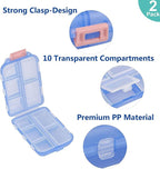 Pill Case (2 Pack) - Portable Small Supplements Tablet Container Box with 10 Compartments - Medicine Vitamin Organizer Dispenser Holder Storage for Travel Trip Pocket Purse(Blue+Chocolate)