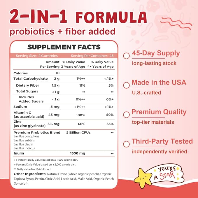 Kids Probiotic-Fiber Gummies, Probiotics-Fiber Gummies for Kids with 5 Billion CFUs & Prebiotics for Digestive Health, with Vitamin C and Zinc for Immune Support, 45 Servings, Natural Peach Flavor