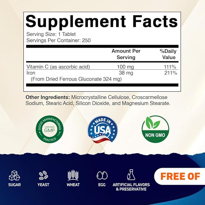 Vitamatic Ferrous Gluconate 324 mg + Vitamin C 100 mg - No Artificial Color Additives - Gentle on Stomach - 250 Tablets - Made in USA