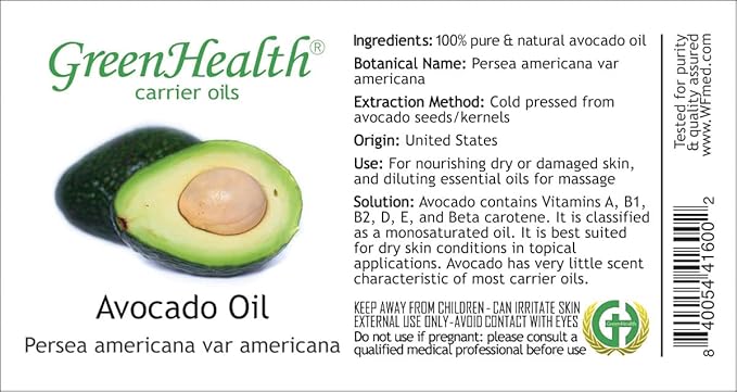 GreenHealth Avocado Carrier Oil – 4 fl oz (118 ml) Plastic Bottle w/Cap – 100% Pure Carrier Oil