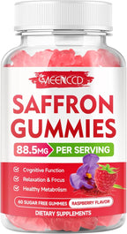 MEENCCD Saffron Gummies for Kids & Adults - Saffron Supplements with Magnesium, L-Theanine, Rhodiola, Sugar-Free, Raspberry Flavor, 60 Count