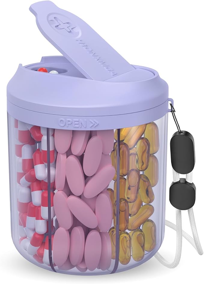 HIONXMGA Pill Organizer with 7 Large Compartments, Pill Dispenser for Travel, Supplement Organizer with Anti-Mixing Design, BPA-Free Pill Container with 20 Pcs Labels, Purple