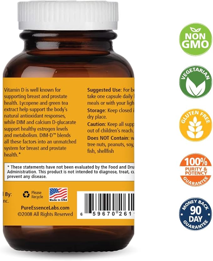 Dim D by Pure Essence - Natural Supplement for Estrogen Balance, Hormonal Acne, and Menopause Support with Vitamin D3, Calcium, Green Tea & Lycopene - 30 Capsules
