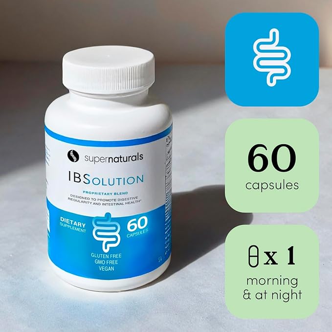 SuperNaturals IBSolution - Made in USA, Non-GMO, Gluten Free & Vegan (60 Capsules) - Digestive Gut Health Supplement With Psyllium Husk - Gas, Bloating, Diarrhea, Constipation Relief, Abdominal Pain