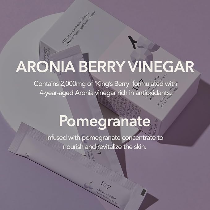 107 ARONIA Vinegar Low Molecular Collagen Jelly Stick, Contains Vitamin, Collagen, Hyaluronic Acid, Elastin, Probiotics, Korean Beauty Collagen, Supports Inner Beauty, 20g x 14 Pouches