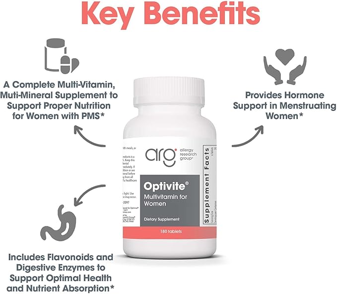 Optimox ARG Optivite - Women’s Multivitamin Multimineral - Hormone Balance & PMS Support - Enhanced with Flavonoids, Enzymes & Betaine HCl - 30 Servings - 180 Count