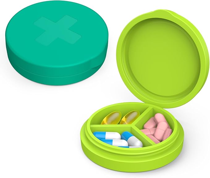 2 Pack Small Pill Box,Premium Thick Silicone 3 Compartment Travel Pill Box for Home/Desk Organizer, Portable Compact Medicine Holder for Vitamin, Cod Liver Oil, Supplement(Green+Teal)