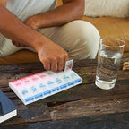 EZY DOSE Push Button (7-Day) Pill Case, Medicine Planner, Daily Vitamin Organizer, 2 Times a Day AM/PM, Large Compartments, Arthritis Friendly, Easy to Use, Clear Lids, Red/Blue, BPA Free