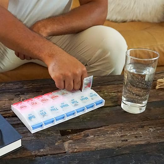 EZY DOSE Push Button (7-Day) Pill Case, Medicine Planner, Daily Vitamin Organizer, 2 Times a Day AM/PM, Large Compartments, Arthritis Friendly, Easy to Use, Clear Lids, Red/Blue, BPA Free