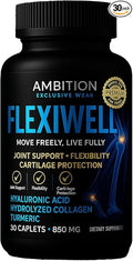 Ambition Flexiwell Joint Support Supplement with Hyaluronic Acid, Collagen, Turmeric, 30 Caplets, 850mg