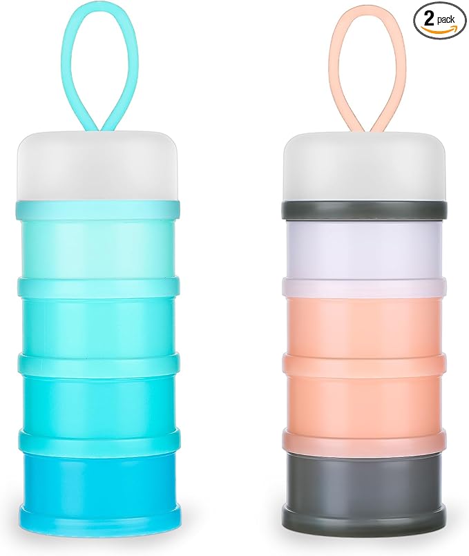 Tobeelec 2 Pcs Protein Powder Container, 4 Stackable Leakproof Protein Powder Dispenser, Portable Keychain Protein Powder Container for Workout, Fitness, Travel (Pink, Blue)