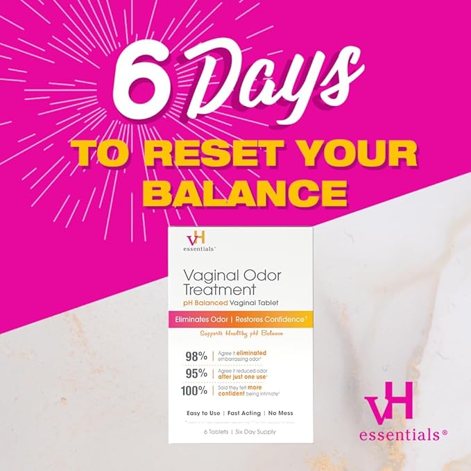 vH essentials Vaginal Odor Treatment - pH Balanced Vaginal Suppositories - 6 Tablets With Applicator, White