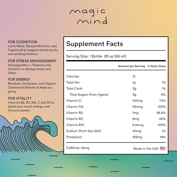 Magic Mind Focus Energy Drink Shots - No Jitters, Stress Relieving, Ashwagandha, Functional Mushrooms, Matcha Green Tea, Vitamin B12, Vitamin C - 2 FL Oz (5 Pack)